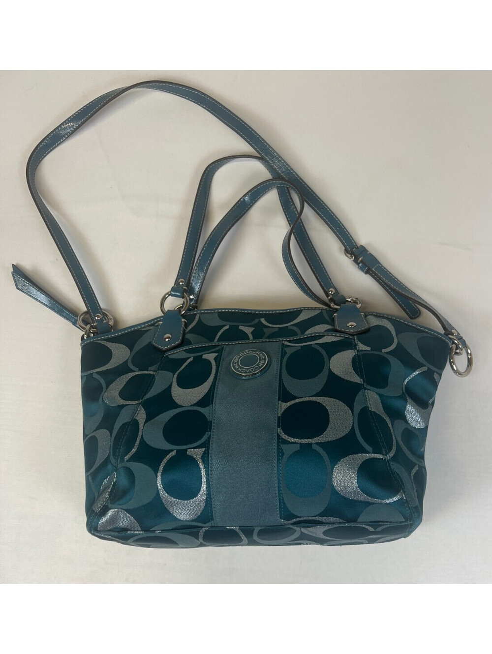 Coach F20426 Signature Op Art Convertible Hobo Crossbody Bag Teal Blue